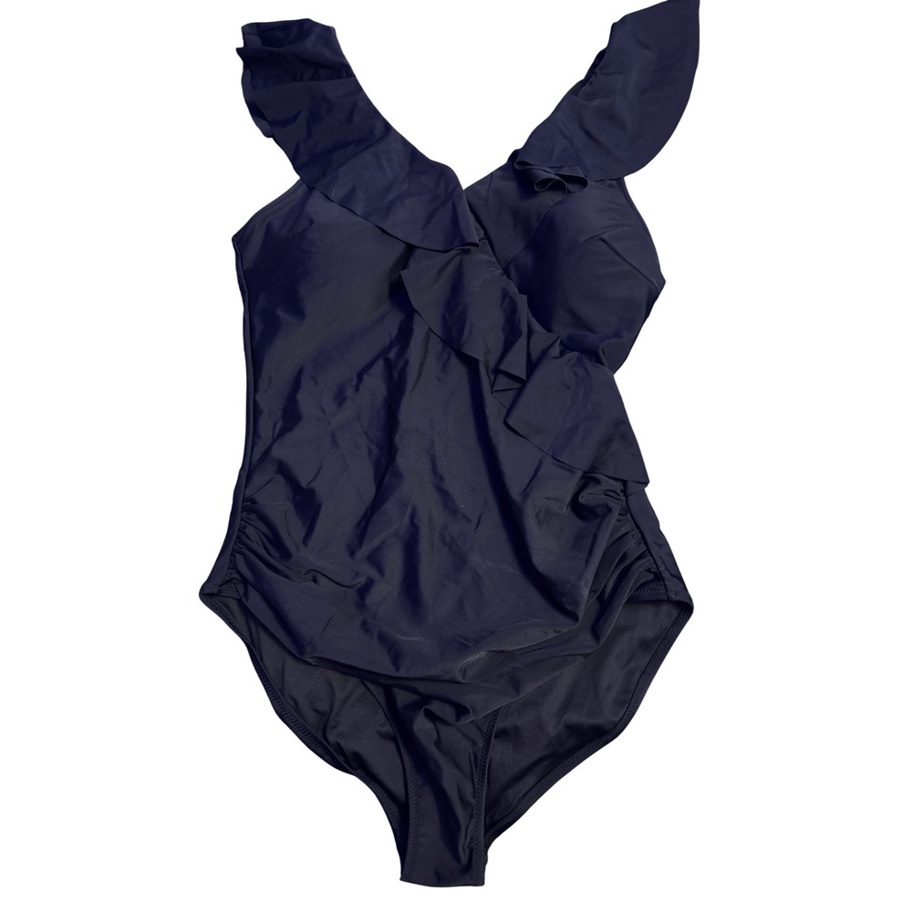 BCA by Rebecca Virtue Kelly Ruffle One Piece Swimsuit Black L V Neck